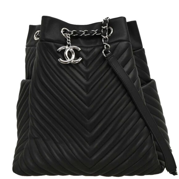 Chanel Black Lambskin Chevron Drawstring Shoulder Bag - Picture 1 of 10